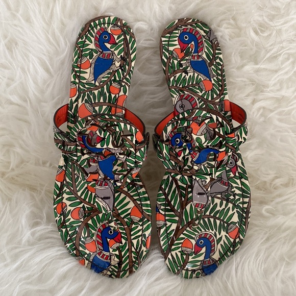 Tory Burch Women's Miller Printed Patent Leather Orange Something Wild Sandals - Picture 10 of 13